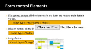  File upload button: all the elements in the form are reset to their default
values.
 Hidden button: all the information entered by user is send to server
 image button
<input type = “file” name = “file1”>
<input type = “hidden” name = “userid ”value= “xyz”>
<input type = “image” src=“a.jpg” height = “20” width = “20”>
 