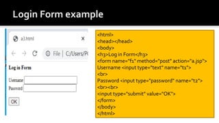 <html>
<head></head>
<body>
<h3>Log in Form</h3>
<form name="f1" method="post" action="a.jsp">
Username <input type="text" name="t1">
<br>
Password <input type="password" name="t2">
<br><br>
<input type="submit" value="OK">
</form>
</body>
</html>
 
