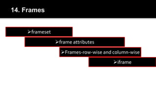 frameset
frame attributes
Frames-row-wise and column-wise
iframe
 