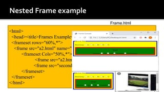 <html>
<head><title>Frames Example</title></head>
<frameset rows="60%,*">
<frame src="a2.html" name="a">
<frameset Cols="50%,*">
<frame src="a2.html" name="b">
<frame src="second.html" name= "c">
</frameset>
</frameset>
</html>
Frame.html
 