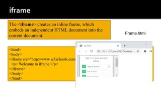 <html>
<body>
<iframe src="http://www.w3schools.com">
<p> Welcome to iframe </p>
</iframe>
</body>
</html>
Frame.html
The <iframe> creates an inline frame, which
embeds an independent HTML document into the
current document.
 
