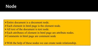 Entire document is a document node.
Each element in html page is the element node.
All text of the document is text node.
Each attributes of element in html page are attribute nodes.
Comments in html page are comment node
With the help of these nodes we can create node relationship.
 