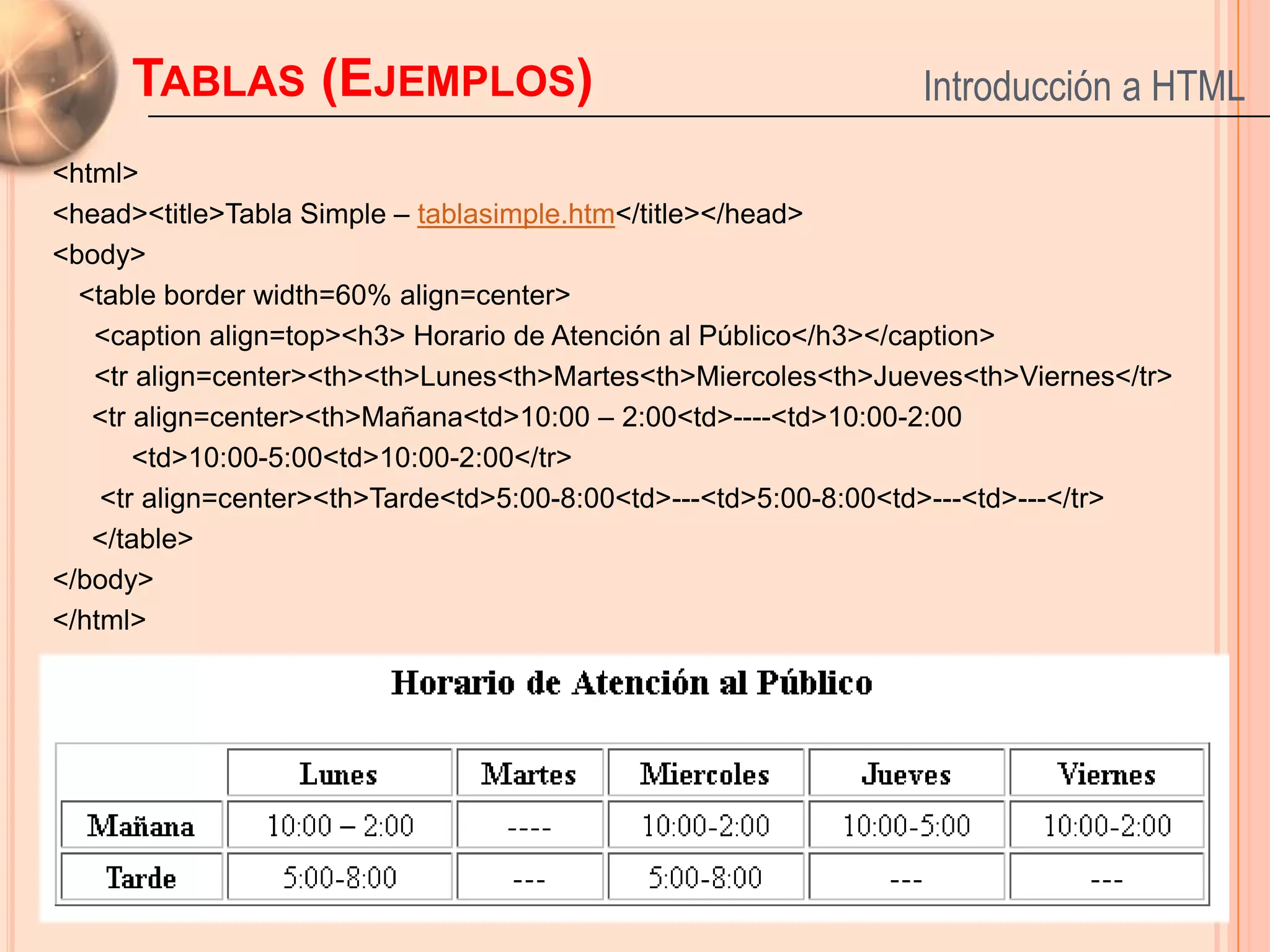 TABLAS (EJEMPLOS)                                         Introducción a HTML
<html>
<head><title>Tabla Simple – tablasimple.htm</title></head>
<body>
  <table border width=60% align=center>
   <caption align=top><h3> Horario de Atención al Público</h3></caption>
   <tr align=center><th><th>Lunes<th>Martes<th>Miercoles<th>Jueves<th>Viernes</tr>
   <tr align=center><th>Mañana<td>10:00 – 2:00<td>----<td>10:00-2:00
       <td>10:00-5:00<td>10:00-2:00</tr>
    <tr align=center><th>Tarde<td>5:00-8:00<td>---<td>5:00-8:00<td>---<td>---</tr>
   </table>
</body>
</html>




                                                                                 27
 