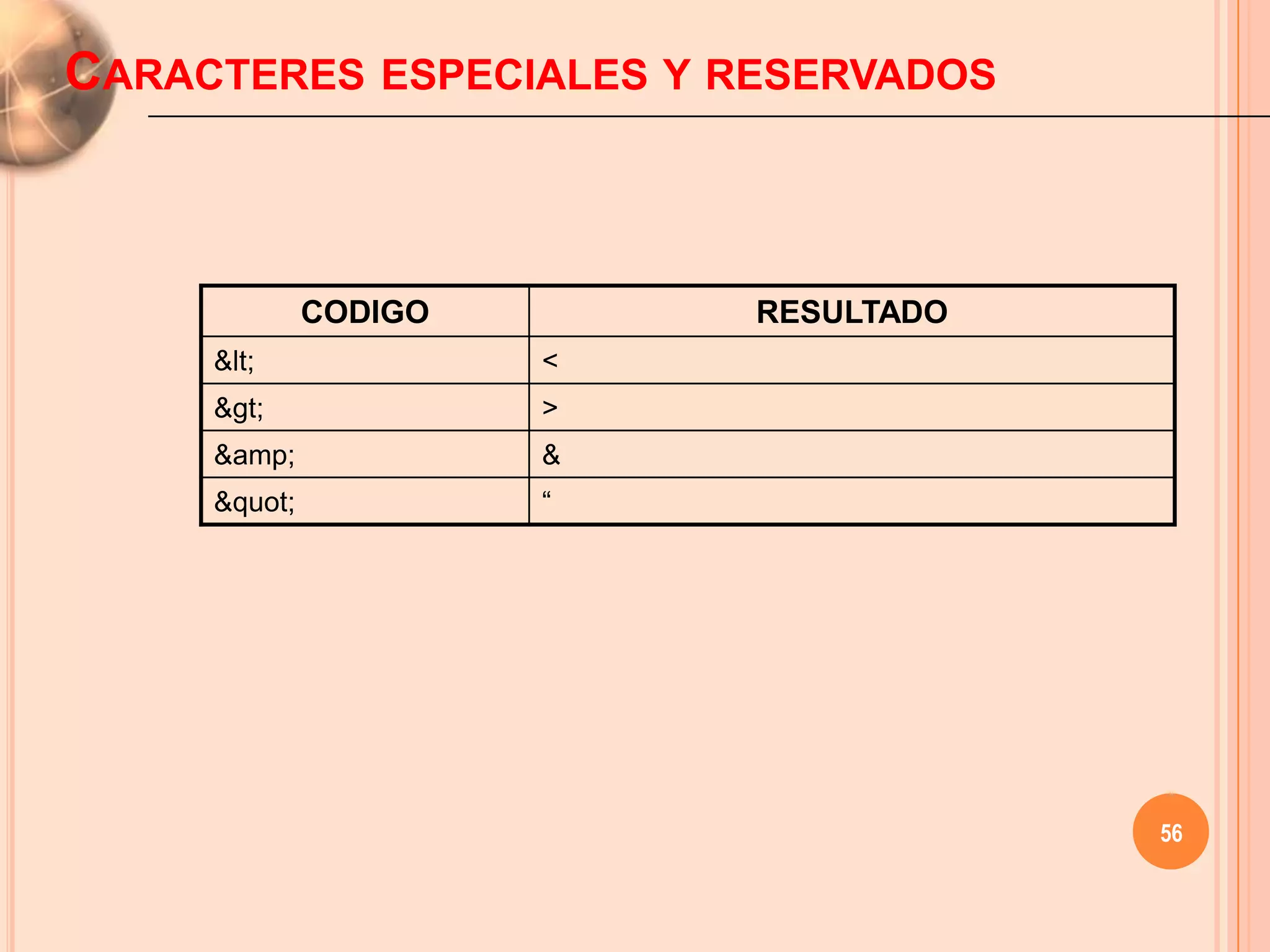 CARACTERES ESPECIALES Y RESERVADOS



              CODIGO       RESULTADO
     <              <
     >              >
     &amp;             &
     "            “




                                       56
 