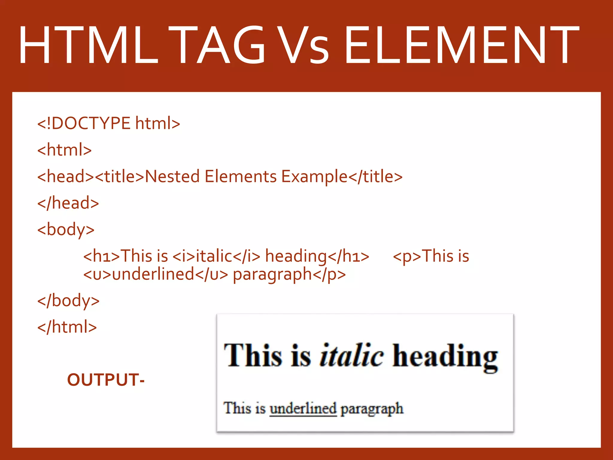 <!DOCTYPE html> <html> <head><title>Nested Elements Example</title> </head> <body> <h1>This is <i>italic</i> heading</h1> <p>This is <u>underlined</u> paragraph</p> </body> </html> OUTPUT- HTMLTAGVs ELEMENT 