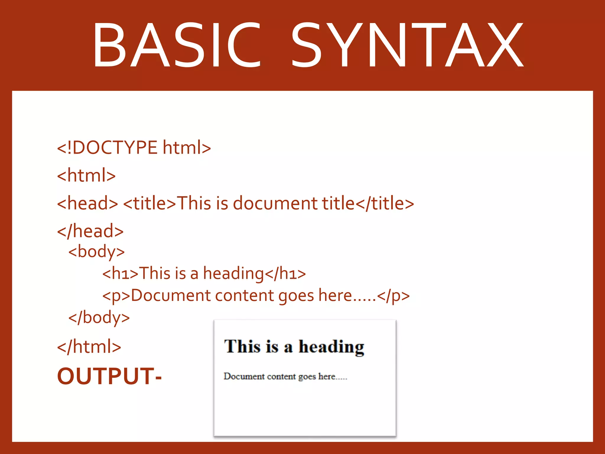 <!DOCTYPE html> <html> <head> <title>This is document title</title> </head> <body> <h1>This is a heading</h1> <p>Document content goes here.....</p> </body> </html> OUTPUT- BASIC SYNTAX 