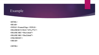 Example
<HTML>
<HEAD>
<TITLE> Framed Page </TITLE>
<FRAMESET COLS=“23%,77%”>
<FRAME SRC=“Doc1.html”>
<FRAME SRC=“Doc2.html”>
</FRAMESET >
</HEAD>
</HTML>
 