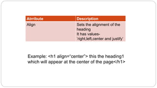Atrribute Description
Align Sets the alignment of the
heading
It has values-
’right,left,center and justify’
Example: <h1 align=“center”> this the heading1
which will appear at the center of the page</h1>
 