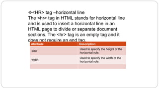 <HR> tag –horizontal line
The <hr> tag in HTML stands for horizontal line
and is used to insert a horizontal line in an
HTML page to divide or separate document
sections. The <hr> tag is an empty tag and it
does not require an end tag.
Atrribute Description
size
Used to specify the height of the
horizontal rule.
width
Used to specify the width of the
horizontal rule.
 