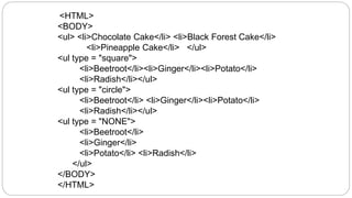 <HTML>
<BODY>
<ul> <li>Chocolate Cake</li> <li>Black Forest Cake</li>
<li>Pineapple Cake</li> </ul>
<ul type = "square">
<li>Beetroot</li><li>Ginger</li><li>Potato</li>
<li>Radish</li></ul>
<ul type = "circle">
<li>Beetroot</li> <li>Ginger</li><li>Potato</li>
<li>Radish</li></ul>
<ul type = "NONE">
<li>Beetroot</li>
<li>Ginger</li>
<li>Potato</li> <li>Radish</li>
</ul>
</BODY>
</HTML>
 