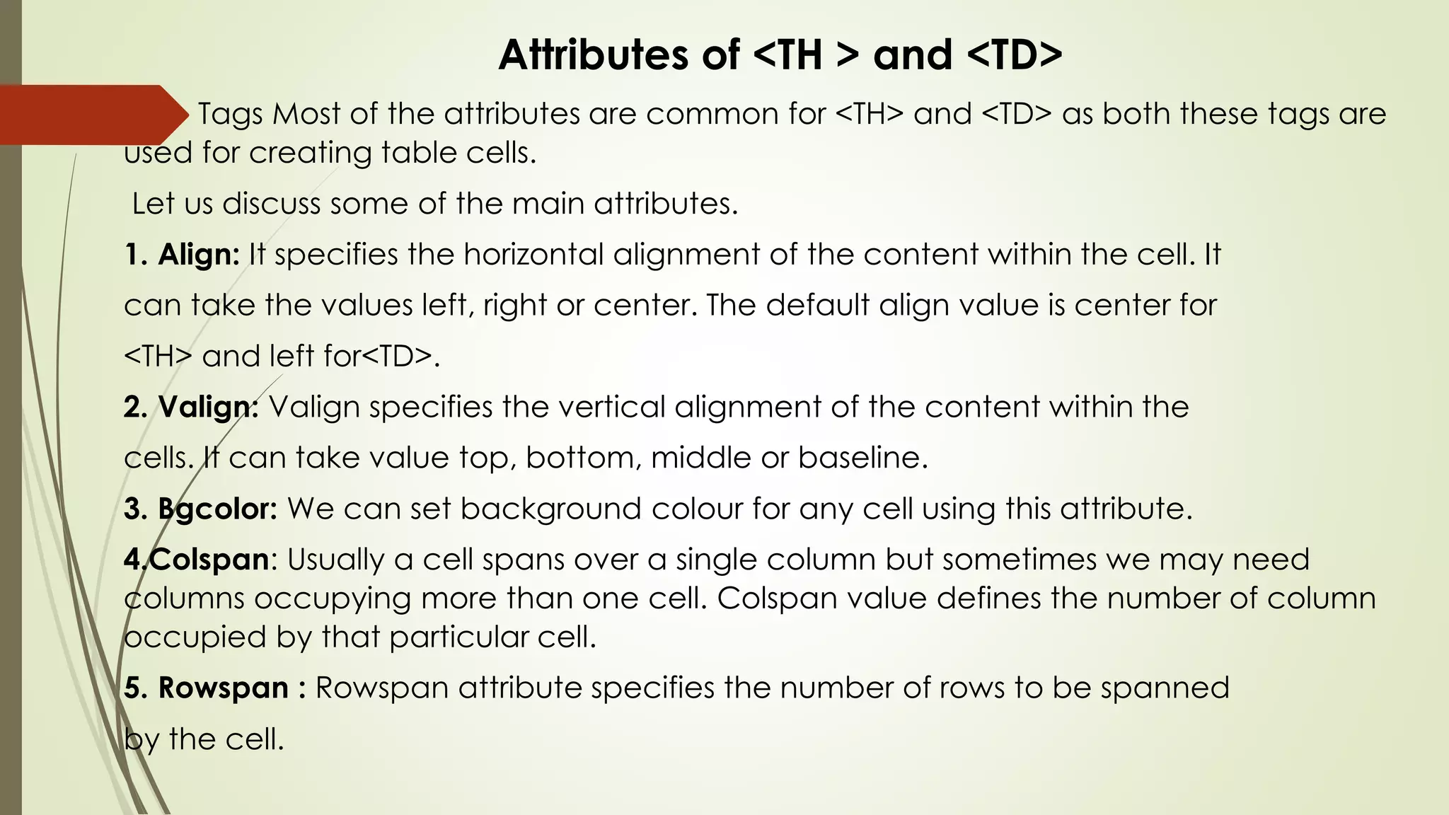 Attributes of <TH > and <TD>
Tags Most of the attributes are common for <TH> and <TD> as both these tags are
used for creating table cells.
Let us discuss some of the main attributes.
1. Align: It specifies the horizontal alignment of the content within the cell. It
can take the values left, right or center. The default align value is center for
<TH> and left for<TD>.
2. Valign: Valign specifies the vertical alignment of the content within the
cells. It can take value top, bottom, middle or baseline.
3. Bgcolor: We can set background colour for any cell using this attribute.
4.Colspan: Usually a cell spans over a single column but sometimes we may need
columns occupying more than one cell. Colspan value defines the number of column
occupied by that particular cell.
5. Rowspan : Rowspan attribute specifies the number of rows to be spanned
by the cell.
 