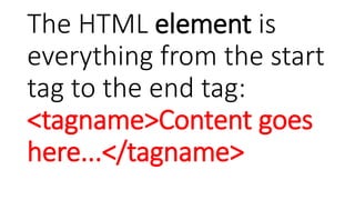 The HTML element is
everything from the start
tag to the end tag:
<tagname>Content goes
here...</tagname>
 
