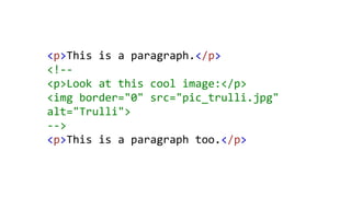 <p>This is a paragraph.</p>
<!--
<p>Look at this cool image:</p>
<img border="0" src="pic_trulli.jpg"
alt="Trulli">
-->
<p>This is a paragraph too.</p>
 