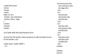 <!DOCTYPE html>
<html>
<head>
<style>
table, th, td {
border: 1px solid black;
border-radius: 10px;
}
</style>
</head>
<body>
<h2>Table With Rounded Borders</h2>
<p>Use the CSS border-radius property to add rounded corners
to the borders.</p>
<table style="width:100%">
<tr>
<th>Firstname</th>
<th>Lastname</th>
<th>Age</th>
</tr>
<tr>
<td>Jill</td>
<td>Smith</td>
<td>50</td>
</tr>
<tr>
<td>Eve</td>
<td>Jackson</td>
<td>94</td>
</tr>
<tr>
<td>John</td>
<td>Doe</td>
<td>80</td>
</tr>
</table>
</body>
</html>
 