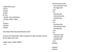<!DOCTYPE html>
<html>
<head>
<style>
th, td {
border: 1px solid black;
border-radius: 10px;
}
</style>
</head>
<body>
<h2>Table With Rounded Borders</h2>
<p>Use the CSS border-radius property to add rounded corners
to the table cells.</p>
<table style="width:100%">
<tr>
<th>Firstname</th>
<th>Lastname</th>
<th>Age</th>
</tr>
<tr>
<td>Jill</td>
<td>Smith</td>
<td>50</td>
</tr>
<tr>
<td>Eve</td>
<td>Jackson</td>
<td>94</td>
</tr>
<tr>
<td>John</td>
<td>Doe</td>
<td>80</td>
</tr>
</table>
</body>
</html>
 
