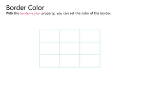 Border Color
With the border-color property, you can set the color of the border.
 