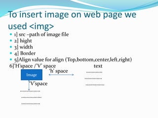 To insert image on web page we
used <img>
 1] src –path of image file
 2] hight
 3] width
 4] Border
 5]Align value for align (Top,bottom,center,left,right)
6]’H’space /’V’ space text
ggggggggggggg‘h’ space ............
.............
‘V’space ..............
...............
...............
..............
Image
 