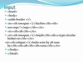 Input
 <html>
 <body>
 <table border =‘1’>
 <tr><th rowspan =‘2’>Sachin</th><th>
 100<sup>*</sup></th></tr>
 <tr><th>28</th></tr>
 <tr><th rowspan =‘2’>Anjali</th><th>1<type circular
braket>10</th></tr>
<tr><th colspan =‘2’>India wins by 28 runs
by</th><th>28</th><th>runs</th></tr>
 </body>
 </html>
 