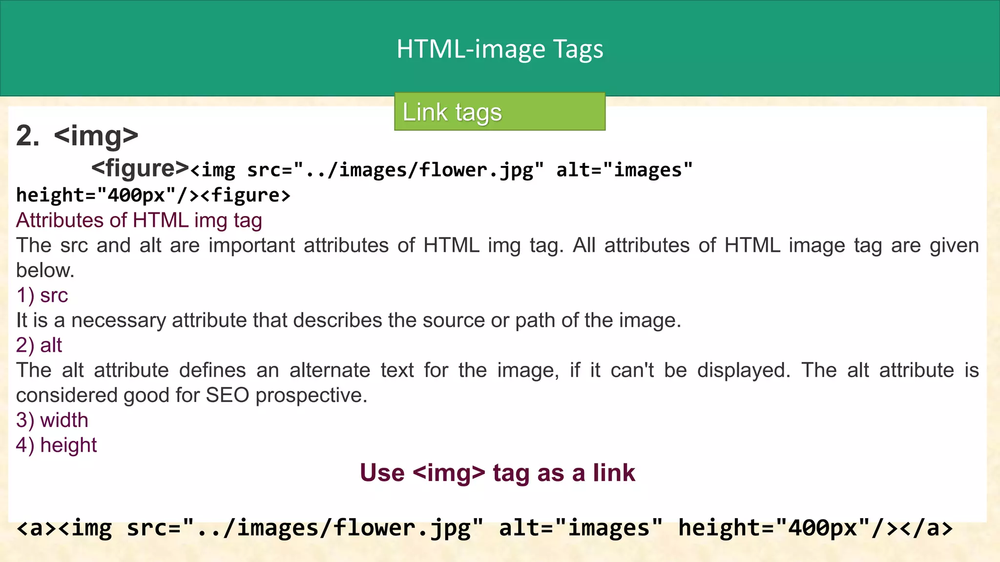 HTML-image Tags
2. <img>
<figure><img src="../images/flower.jpg" alt="images"
height="400px"/><figure>
Attributes of HTML img tag
The src and alt are important attributes of HTML img tag. All attributes of HTML image tag are given
below.
1) src
It is a necessary attribute that describes the source or path of the image.
2) alt
The alt attribute defines an alternate text for the image, if it can't be displayed. The alt attribute is
considered good for SEO prospective.
3) width
4) height
Use <img> tag as a link
<a><img src="../images/flower.jpg" alt="images" height="400px"/></a>
Link tags
 