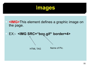 55
Images
 <IMG>This element defines a graphic image on
the page.
 EX:- <IMG SRC=“boy.gif“ border=4>
HTML TAG Name of Pic.
 