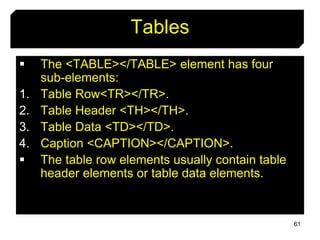 61
Tables
 The <TABLE></TABLE> element has four
sub-elements:
1. Table Row<TR></TR>.
2. Table Header <TH></TH>.
3. Table Data <TD></TD>.
4. Caption <CAPTION></CAPTION>.
 The table row elements usually contain table
header elements or table data elements.
 