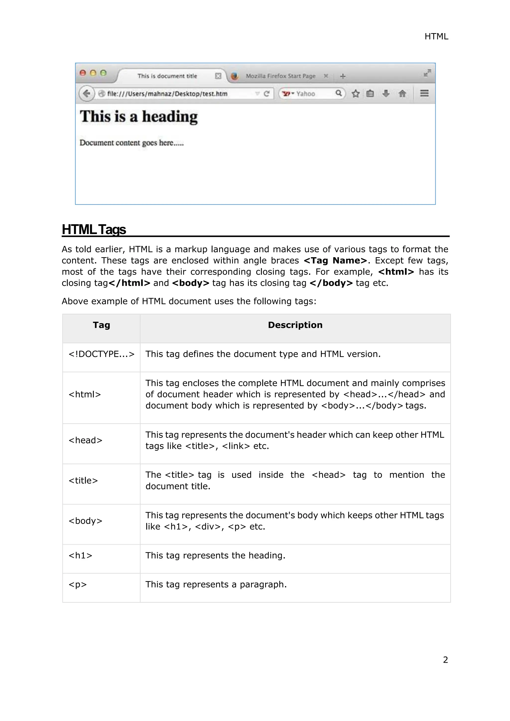 HTML
2
HTMLTags
As told earlier, HTML is a markup language and makes use of various tags to format the
content. These tags are enclosed within angle braces <Tag Name>. Except few tags,
most of the tags have their corresponding closing tags. For example, <html> has its
closing tag</html> and <body> tag has its closing tag </body> tag etc.
Above example of HTML document uses the following tags:
Tag Description
<!DOCTYPE...> This tag defines the document type and HTML version.
<html>
This tag encloses the complete HTML document and mainly comprises
of document header which is represented by <head>...</head> and
document body which is represented by <body>...</body> tags.
<head>
This tag represents the document's header which can keep other HTML
tags like <title>, <link> etc.
<title>
The <title> tag
document title.
is used inside the <head> tag to mention the
<body>
This tag represents the document's body which keeps other HTML tags
like <h1>, <div>, <p> etc.
<h1> This tag represents the heading.
<p> This tag represents a paragraph.
 