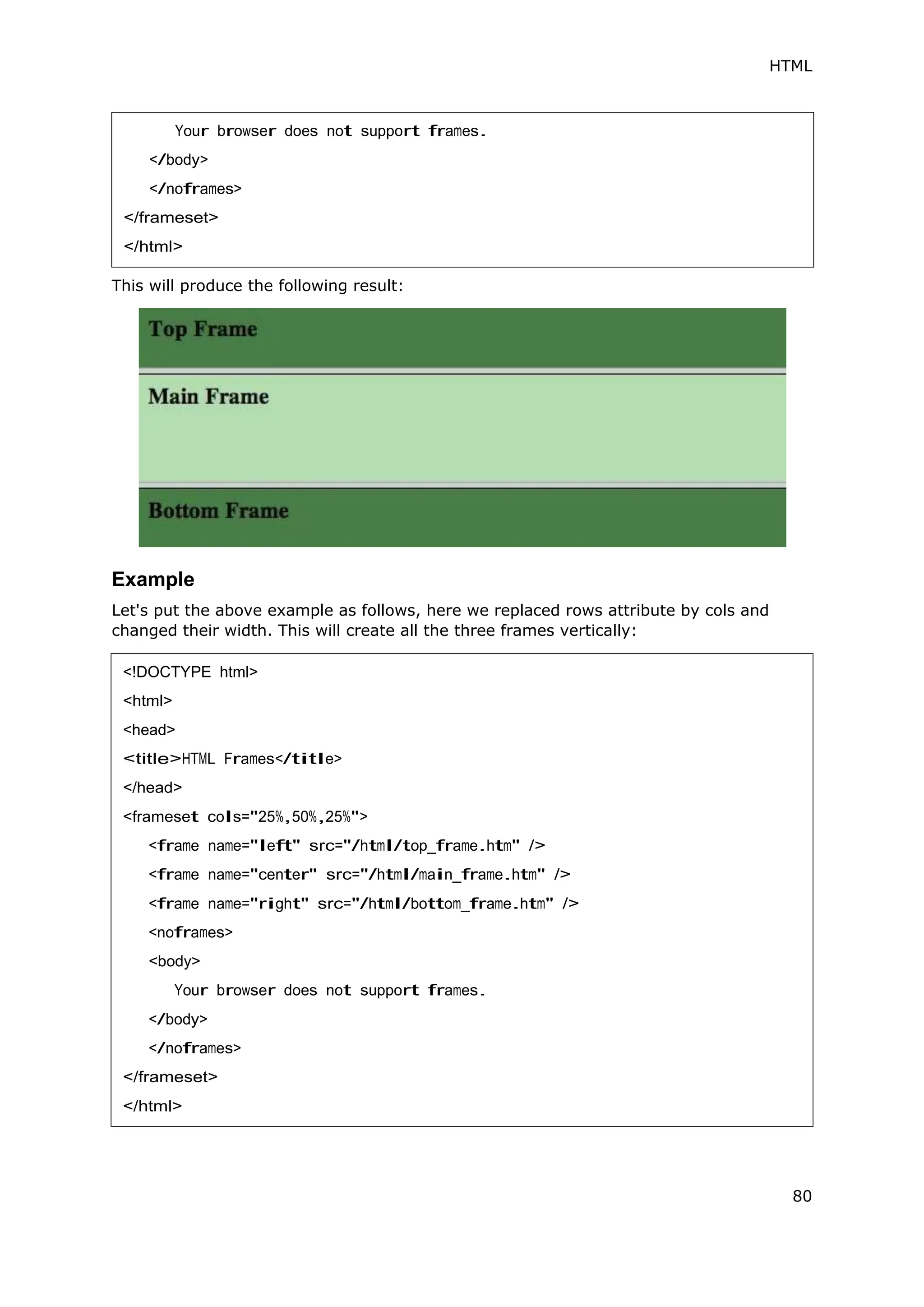 HTML
80
This will produce the following result:
Example
Let's put the above example as follows, here we replaced rows attribute by cols and
changed their width. This will create all the three frames vertically:
Your browser does not support frames.
</body>
</noframes>
</frameset>
</html>
<!DOCTYPE html>
<html>
<head>
<title>HTML Frames</title>
</head>
<frameset cols="25%,50%,25%">
<frame name="left" src="/html/top_frame.htm" />
<frame name="center" src="/html/main_frame.htm" />
<frame name="right" src="/html/bottom_frame.htm" />
<noframes>
<body>
Your browser does not support frames.
</body>
</noframes>
</frameset>
</html>
 