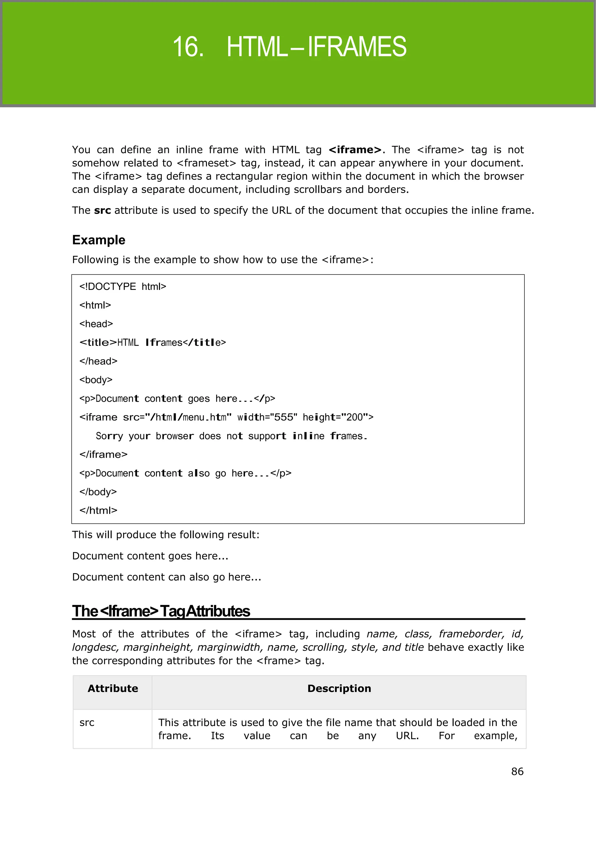 86
HTML
You can define an inline frame with HTML tag <iframe>. The <iframe> tag is not
somehow related to <frameset> tag, instead, it can appear anywhere in your document.
The <iframe> tag defines a rectangular region within the document in which the browser
can display a separate document, including scrollbars and borders.
The src attribute is used to specify the URL of the document that occupies the inline frame.
Example
Following is the example to show how to use the <iframe>:
This will produce the following result:
Document content goes here...
Document content can also go here...
The<Iframe>TagAttributes
Most of the attributes of the <iframe> tag, including name, class, frameborder, id,
longdesc, marginheight, marginwidth, name, scrolling, style, and title behave exactly like
the corresponding attributes for the <frame> tag.
Attribute Description
src This attribute is used to give the file name that should be loaded in the
frame. Its value can be any URL. For example,
<!DOCTYPE html>
<html>
<head>
<title>HTML Iframes</title>
</head>
<body>
<p>Document content goes here...</p>
<iframe src="/html/menu.htm" width="555" height="200">
Sorry your browser does not support inline frames.
</iframe>
<p>Document content also go here...</p>
</body>
</html>
 