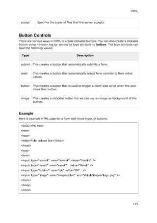HTML
115
accept Specifies the types of files that the server accepts.
Button Controls
There are various ways in HTML to create clickable buttons. You can also create a clickable
button using <input> tag by setting its type attribute to button. The type attribute can
take the following values:
Type Description
submit This creates a button that automatically submits a form.
reset This creates a button that automatically resets form controls to their initial
values.
button This creates a button that is used to trigger a client-side script when the user
clicks that button.
image This creates a clickable button but we can use an image as background of the
button.
Example
Here is example HTML code for a form with three types of buttons:
<!DOCTYPE html>
<html>
<head>
<title>File Upload Box</title>
</head>
<body>
<form>
<input type="submit" name="submit" value="Submit" />
<input type="reset" name="reset" value="Reset" />
<input type="button" name="ok" value="OK" />
<input type="image" name="imagebutton" src="/html/images/logo.png" />
</form>
</body>
</html>
 