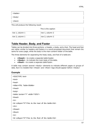 HTML
57
</body>
This will produce the following result:
This is the caption
row 1, column 1 row 1, column 2
row 2, column 1 row 2, column 2
Table Header, Body, and Footer
Tables can be divided into three portions: a header, a body, and a foot. The head and foot
are rather similar to headers and footers in a word-processed document that remain the
same for every page, while the body is the main content holder of the table.
The three elements for separating the head, body, and foot of a table are:
 <thead> - to create a separate table header.
 <tbody> - to indicate the main body of the table.
 <tfoot> - to create a separate table footer.
A table may contain several <tbody> elements to indicate different pages or groups of
data. But it is notable that <thead> and <tfoot> tags should appear before <tbody>
Example
<!DOCTYPE html>
<html>
<head>
<title>HTML Table</title>
</head>
<body>
<table border="1" width="100%">
<thead>
<tr>
<td colspan="4">This is the head of the table</td>
</tr>
</thead>
<tfoot>
<tr>
<td colspan="4">This is the foot of the table</td>
 