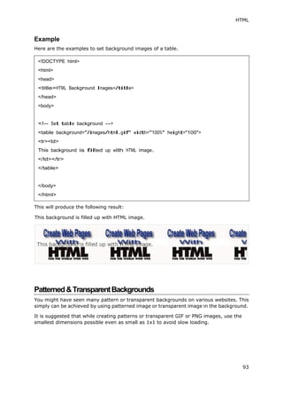 HTML
93
Example
Here are the examples to set background images of a table.
<!DOCTYPE html>
<html>
<head>
<title>HTML Background Images</title>
</head>
<body>
<!-- Set table background -->
<table background="/images/html.gif" width="100%" height="100">
<tr><td>
This background is filled up with HTML image.
</td></tr>
</table>
</body>
</html>
This will produce the following result:
This background is filled up with HTML image.
Patterned&TransparentBackgrounds
You might have seen many pattern or transparent backgrounds on various websites. This
simply can be achieved by using patterned image or transparent image in the background.
It is suggested that while creating patterns or transparent GIF or PNG images, use the
smallest dimensions possible even as small as 1x1 to avoid slow loading.
 