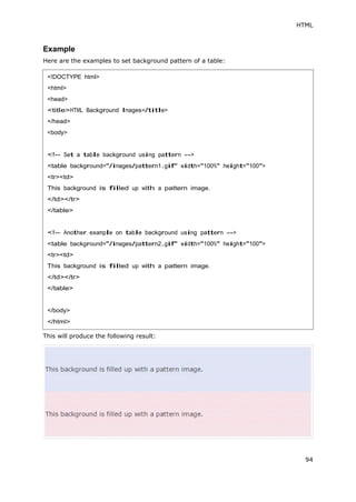 HTML
94
Example
Here are the examples to set background pattern of a table:
This will produce the following result:
<!DOCTYPE html>
<html>
<head>
<title>HTML Background Images</title>
</head>
<body>
<!-- Set a table background using pattern -->
<table background="/images/pattern1.gif" width="100%" height="100">
<tr><td>
This background is filled up with a pattern image.
</td></tr>
</table>
<!-- Another example on table background using pattern -->
<table background="/images/pattern2.gif" width="100%" height="100">
<tr><td>
This background is filled up with a pattern image.
</td></tr>
</table>
</body>
</html>
 