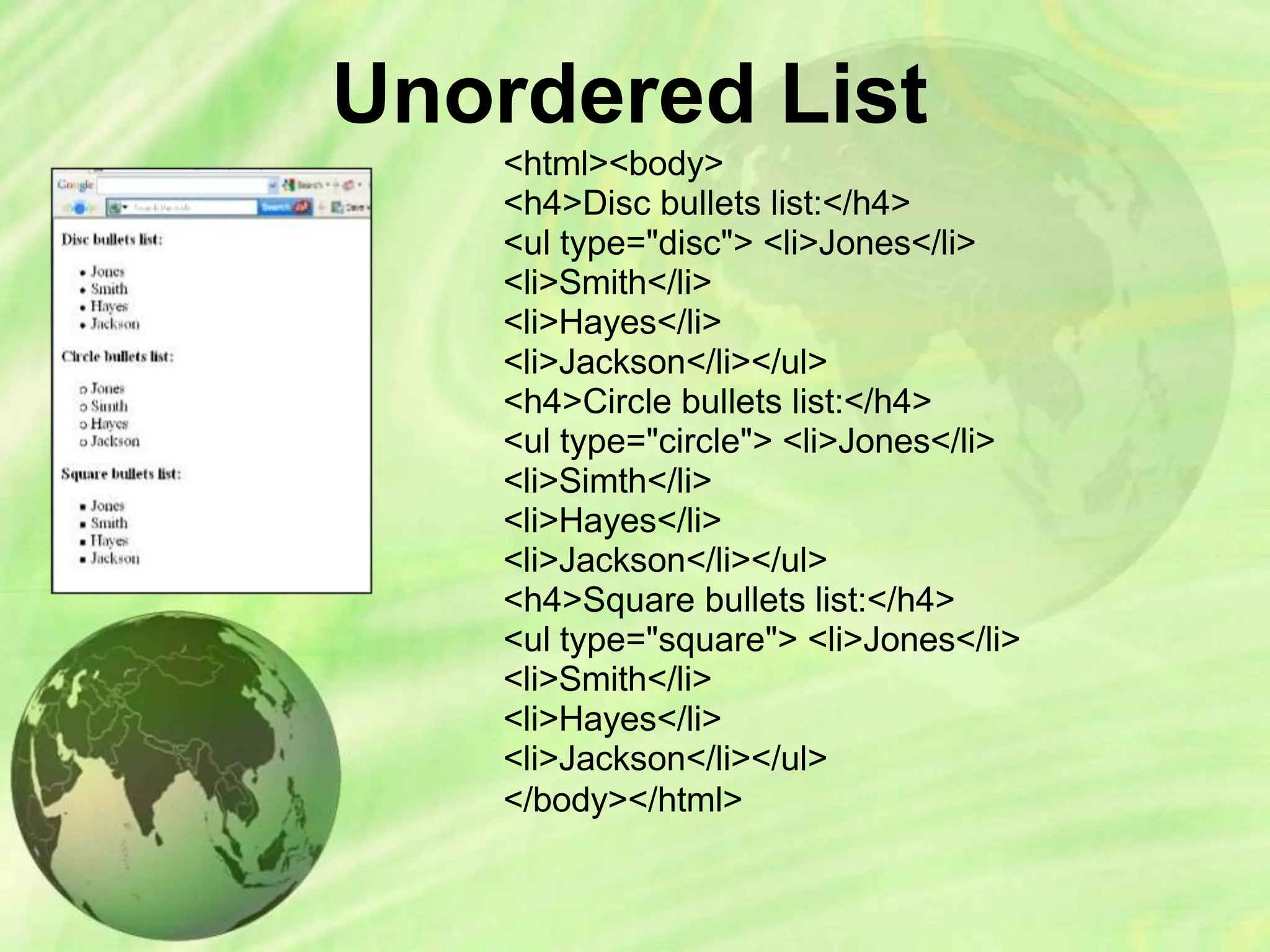 Unordered List
<html><body>
<h4>Disc bullets list:</h4>
<ul type="disc"> <li>Jones</li>
<li>Smith</li>
<li>Hayes</li>
<li>Jackson</li></ul>
<h4>Circle bullets list:</h4>
<ul type="circle"> <li>Jones</li>
<li>Simth</li>
<li>Hayes</li>
<li>Jackson</li></ul>
<h4>Square bullets list:</h4>
<ul type="square"> <li>Jones</li>
<li>Smith</li>
<li>Hayes</li>
<li>Jackson</li></ul>
</body></html>
 