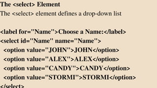 The <select> Element
The <select> element defines a drop-down list
<label for="Name">Choose a Name:</label>
<select id="Name" name="Name">
<option value="JOHN">JOHN</option>
<option value="ALEX">ALEX</option>
<option value="CANDY">CANDY</option>
<option value="STORMI">STORMI</option>
 