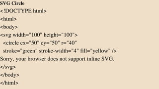 SVG Circle
<!DOCTYPE html>
<html>
<body>
<svg width="100" height="100">
<circle cx="50" cy="50" r="40"
stroke="green" stroke-width="4" fill="yellow" />
Sorry, your browser does not support inline SVG.
</svg>
</body>
</html>
 