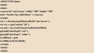 <!DOCTYPE html>
<html>
<body>
<canvas id="myCanvas" width="200" height="100"
style="border:1px solid black;"></canvas>
<script>
var c = document.getElementById("myCanvas");
var ctx = c.getContext("2d");
var grd = ctx.createLinearGradient(0,0,200,0);
grd.addColorStop(0,"red");
grd.addColorStop(1,"white");
ctx.fillStyle = grd;
ctx.fillRect(10,10,150,80);
</script>
</body>
</html>
 