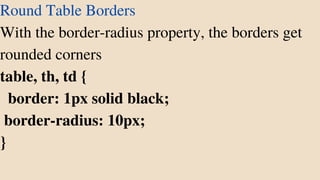 Round Table Borders
With the border-radius property, the borders get
rounded corners
table, th, td {
border: 1px solid black;
border-radius: 10px;
}
 
