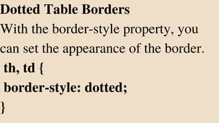 Dotted Table Borders
With the border-style property, you
can set the appearance of the border.
th, td {
border-style: dotted;
}
 