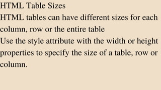 HTML Table Sizes
HTML tables can have different sizes for each
column, row or the entire table
Use the style attribute with the width or height
properties to specify the size of a table, row or
column.
 