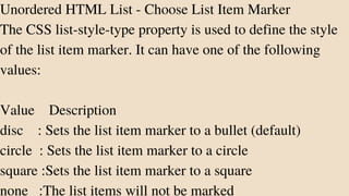 Unordered HTML List - Choose List Item Marker
The CSS list-style-type property is used to define the style
of the list item marker. It can have one of the following
values:
Value Description
disc : Sets the list item marker to a bullet (default)
circle : Sets the list item marker to a circle
square :Sets the list item marker to a square
none :The list items will not be marked
 