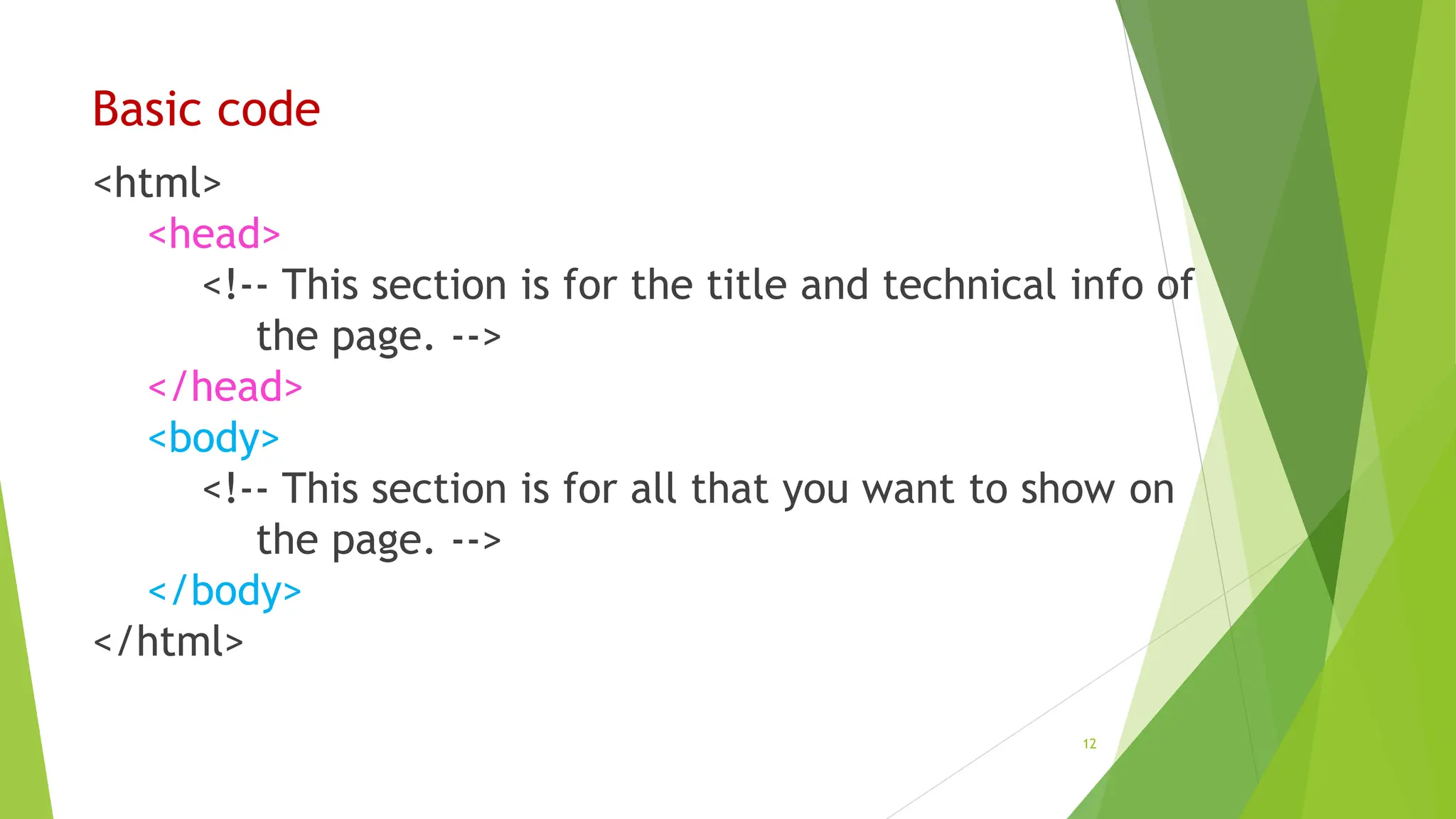 Basic code
<html>
<head>
<!-- This section is for the title and technical info of
the page. -->
</head>
<body>
<!-- This section is for all that you want to show on
the page. -->
</body>
</html>
12
 