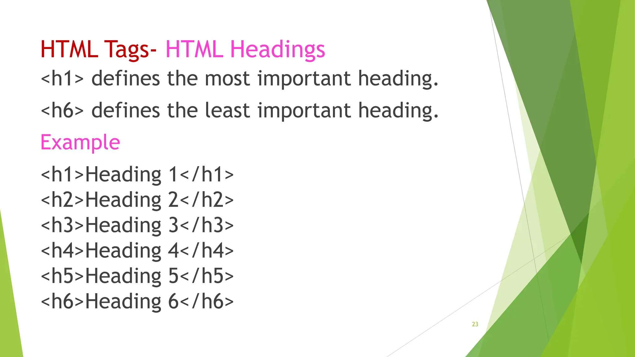 HTML Tags- HTML Headings
<h1> defines the most important heading.
<h6> defines the least important heading.
Example
<h1>Heading 1</h1>
<h2>Heading 2</h2>
<h3>Heading 3</h3>
<h4>Heading 4</h4>
<h5>Heading 5</h5>
<h6>Heading 6</h6>
23
 