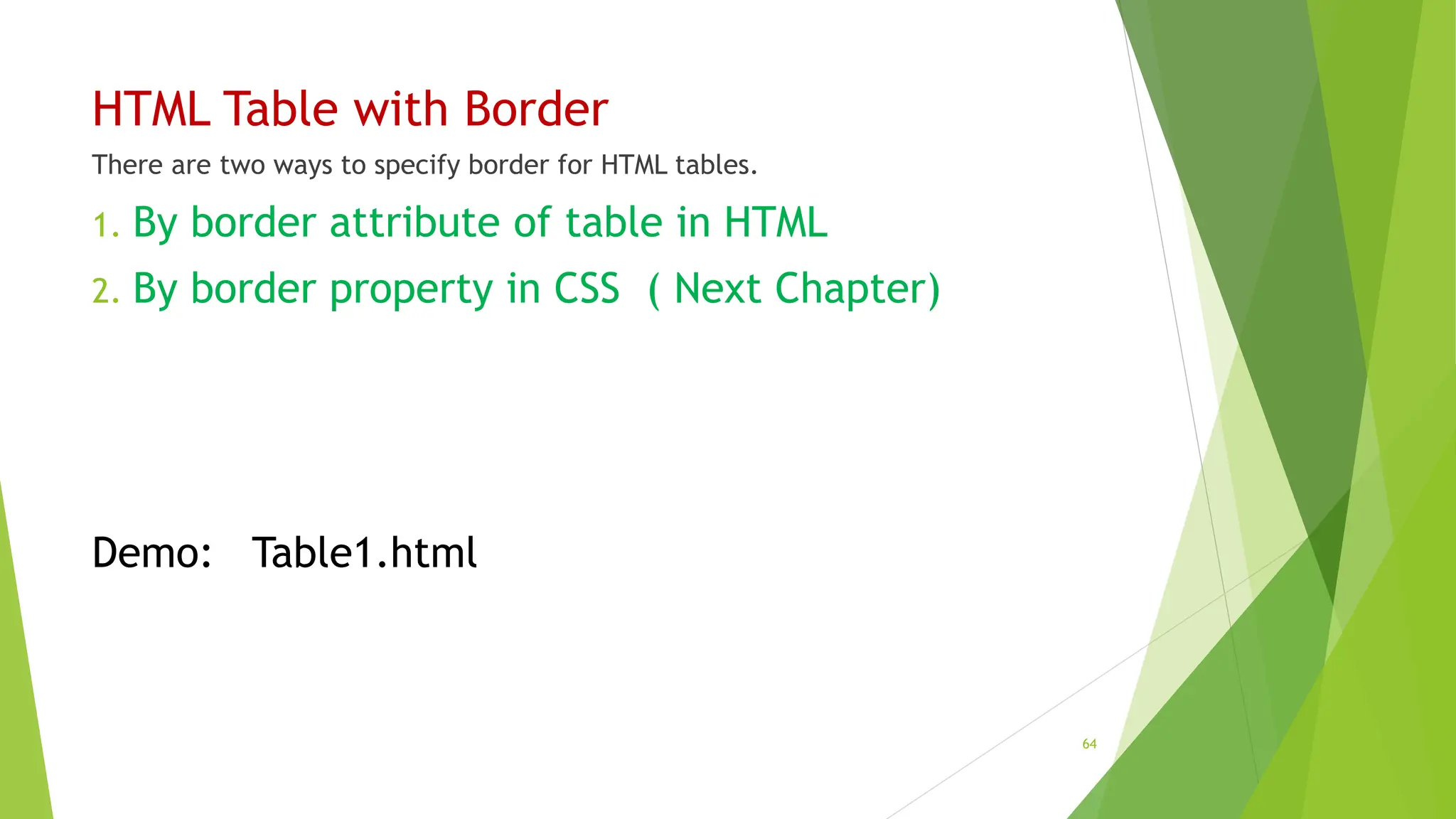 HTML Table with Border
There are two ways to specify border for HTML tables.
1. By border attribute of table in HTML
2. By border property in CSS ( Next Chapter)
Demo: Table1.html
64
 