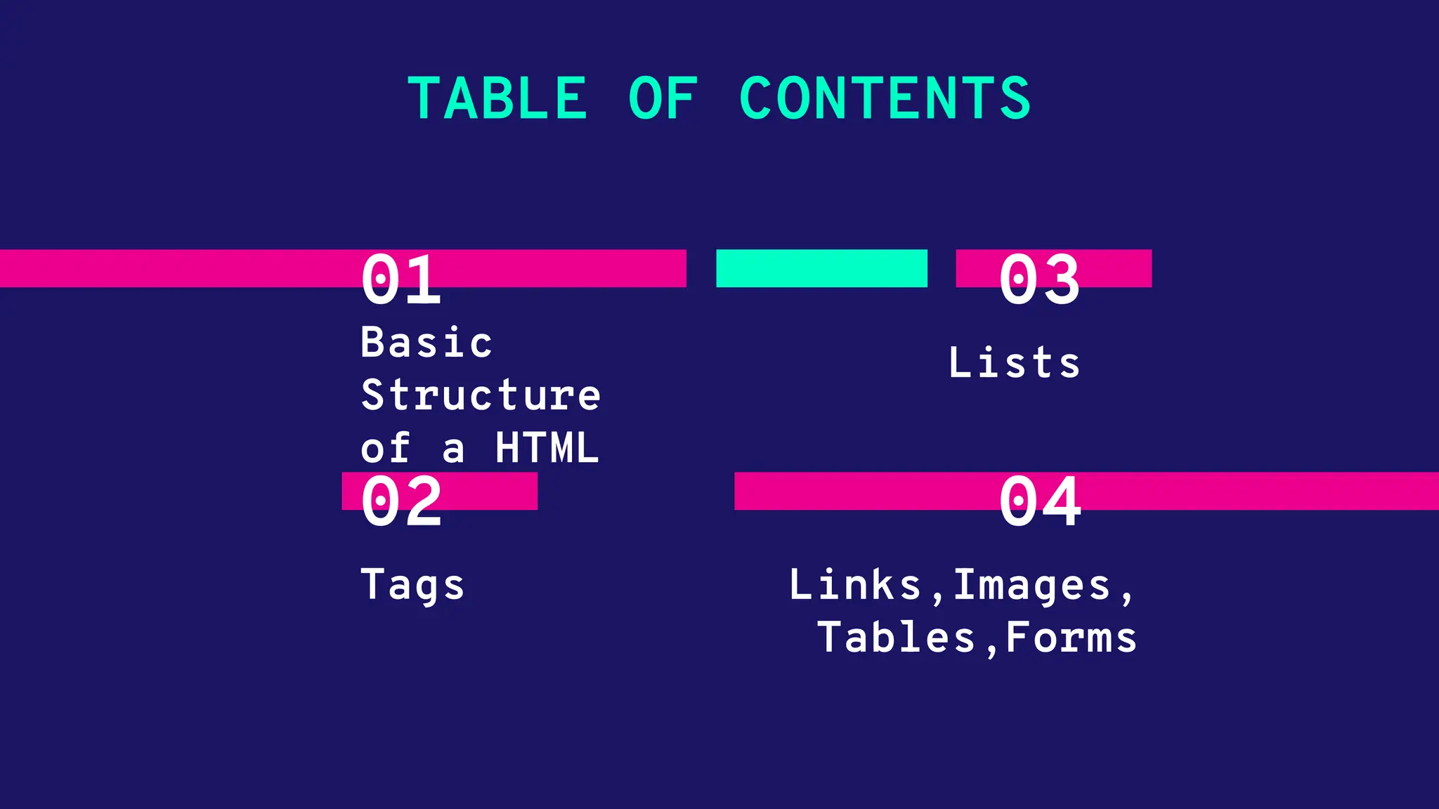 TABLE OF CONTENTS 01 Basic Structure of a HTML 03 Lists 02 Tags 04 Links,Images, Tables,Forms 