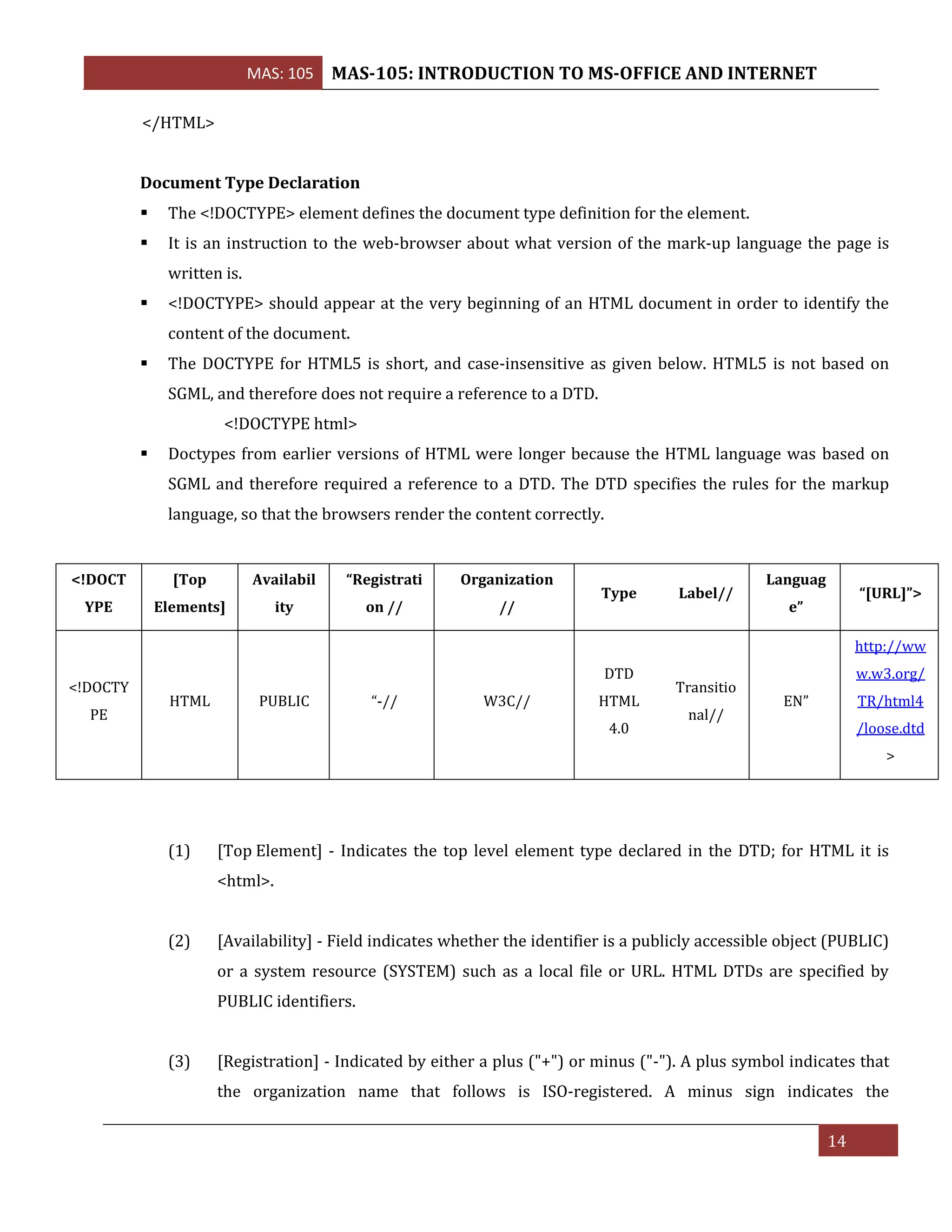 MAS: 105 MAS-105: INTRODUCTION TO MS-OFFICE AND INTERNET
14
</HTML>
Document Type Declaration
▪ The <!DOCTYPE> element defines the document type definition for the element.
▪ It is an instruction to the web-browser about what version of the mark-up language the page is
written is.
▪ <!DOCTYPE> should appear at the very beginning of an HTML document in order to identify the
content of the document.
▪ The DOCTYPE for HTML5 is short, and case-insensitive as given below. HTML5 is not based on
SGML, and therefore does not require a reference to a DTD.
<!DOCTYPE html>
▪ Doctypes from earlier versions of HTML were longer because the HTML language was based on
SGML and therefore required a reference to a DTD. The DTD specifies the rules for the markup
language, so that the browsers render the content correctly.
<!DOCT
YPE
[Top
Elements]
Availabil
ity
“Registrati
on //
Organization
//
Type Label//
Languag
e”
“[URL]”>
<!DOCTY
PE
HTML PUBLIC “-// W3C//
DTD
HTML
4.0
Transitio
nal//
EN”
http://ww
w.w3.org/
TR/html4
/loose.dtd
>
(1) [Top Element] - Indicates the top level element type declared in the DTD; for HTML it is
<html>.
(2) [Availability] - Field indicates whether the identifier is a publicly accessible object (PUBLIC)
or a system resource (SYSTEM) such as a local file or URL. HTML DTDs are specified by
PUBLIC identifiers.
(3) [Registration] - Indicated by either a plus ("+") or minus ("-"). A plus symbol indicates that
the organization name that follows is ISO-registered. A minus sign indicates the
 