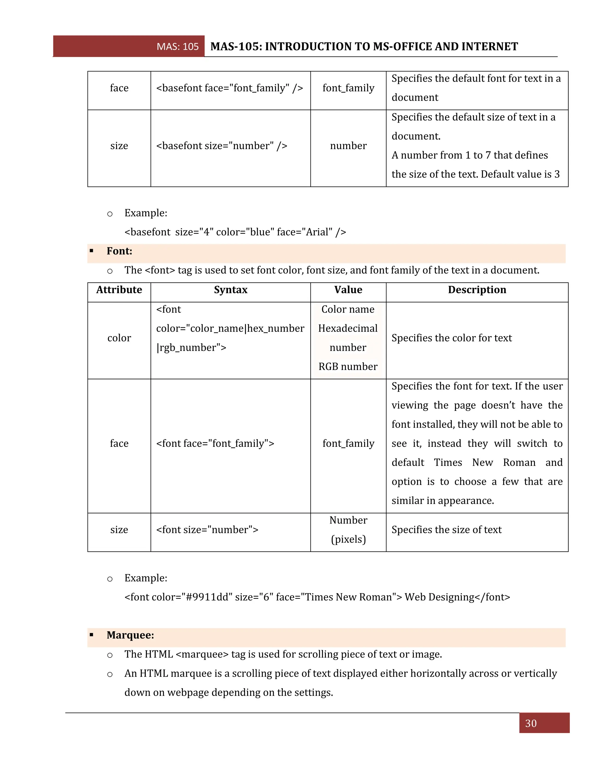 MAS: 105 MAS-105: INTRODUCTION TO MS-OFFICE AND INTERNET
30
face <basefont face="font_family" /> font_family
Specifies the default font for text in a
document
size <basefont size="number" /> number
Specifies the default size of text in a
document.
A number from 1 to 7 that defines
the size of the text. Default value is 3
o Example:
<basefont size="4" color="blue" face="Arial" />
▪ Font:
o The <font> tag is used to set font color, font size, and font family of the text in a document.
Attribute Syntax Value Description
color
<font
color="color_name|hex_number
|rgb_number">
Color name
Hexadecimal
number
RGB number
Specifies the color for text
face <font face="font_family"> font_family
Specifies the font for text. If the user
viewing the page doesn’t have the
font installed, they will not be able to
see it, instead they will switch to
default Times New Roman and
option is to choose a few that are
similar in appearance.
size <font size="number">
Number
(pixels)
Specifies the size of text
o Example:
<font color="#9911dd" size="6" face="Times New Roman"> Web Designing</font>
▪ Marquee:
o The HTML <marquee> tag is used for scrolling piece of text or image.
o An HTML marquee is a scrolling piece of text displayed either horizontally across or vertically
down on webpage depending on the settings.
 