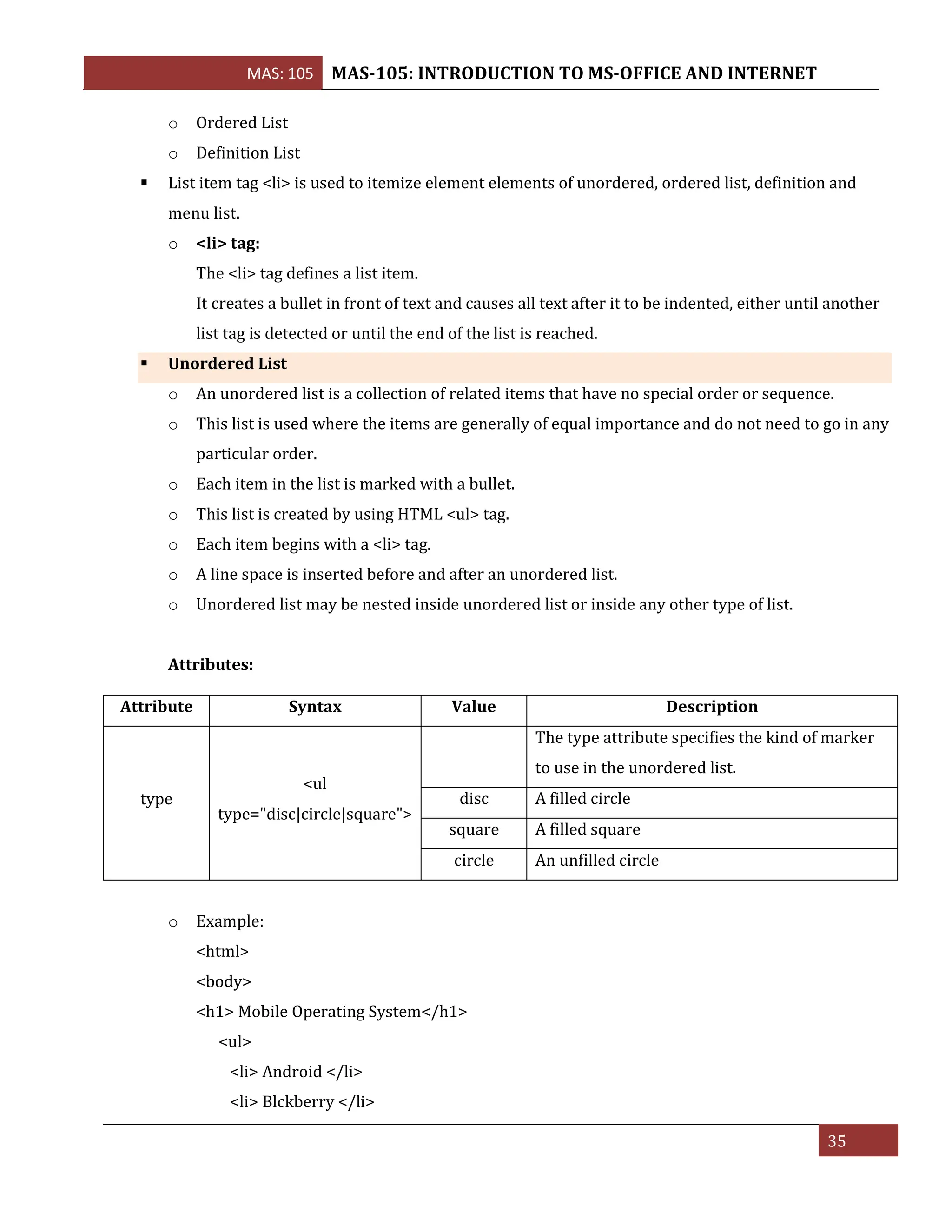 MAS: 105 MAS-105: INTRODUCTION TO MS-OFFICE AND INTERNET
35
o Ordered List
o Definition List
▪ List item tag <li> is used to itemize element elements of unordered, ordered list, definition and
menu list.
o <li> tag:
The <li> tag defines a list item.
It creates a bullet in front of text and causes all text after it to be indented, either until another
list tag is detected or until the end of the list is reached.
▪ Unordered List
o An unordered list is a collection of related items that have no special order or sequence.
o This list is used where the items are generally of equal importance and do not need to go in any
particular order.
o Each item in the list is marked with a bullet.
o This list is created by using HTML <ul> tag.
o Each item begins with a <li> tag.
o A line space is inserted before and after an unordered list.
o Unordered list may be nested inside unordered list or inside any other type of list.
Attributes:
o Example:
<html>
<body>
<h1> Mobile Operating System</h1>
<ul>
<li> Android </li>
<li> Blckberry </li>
Attribute Syntax Value Description
type
<ul
type="disc|circle|square">
The type attribute specifies the kind of marker
to use in the unordered list.
disc A filled circle
square A filled square
circle An unfilled circle
 