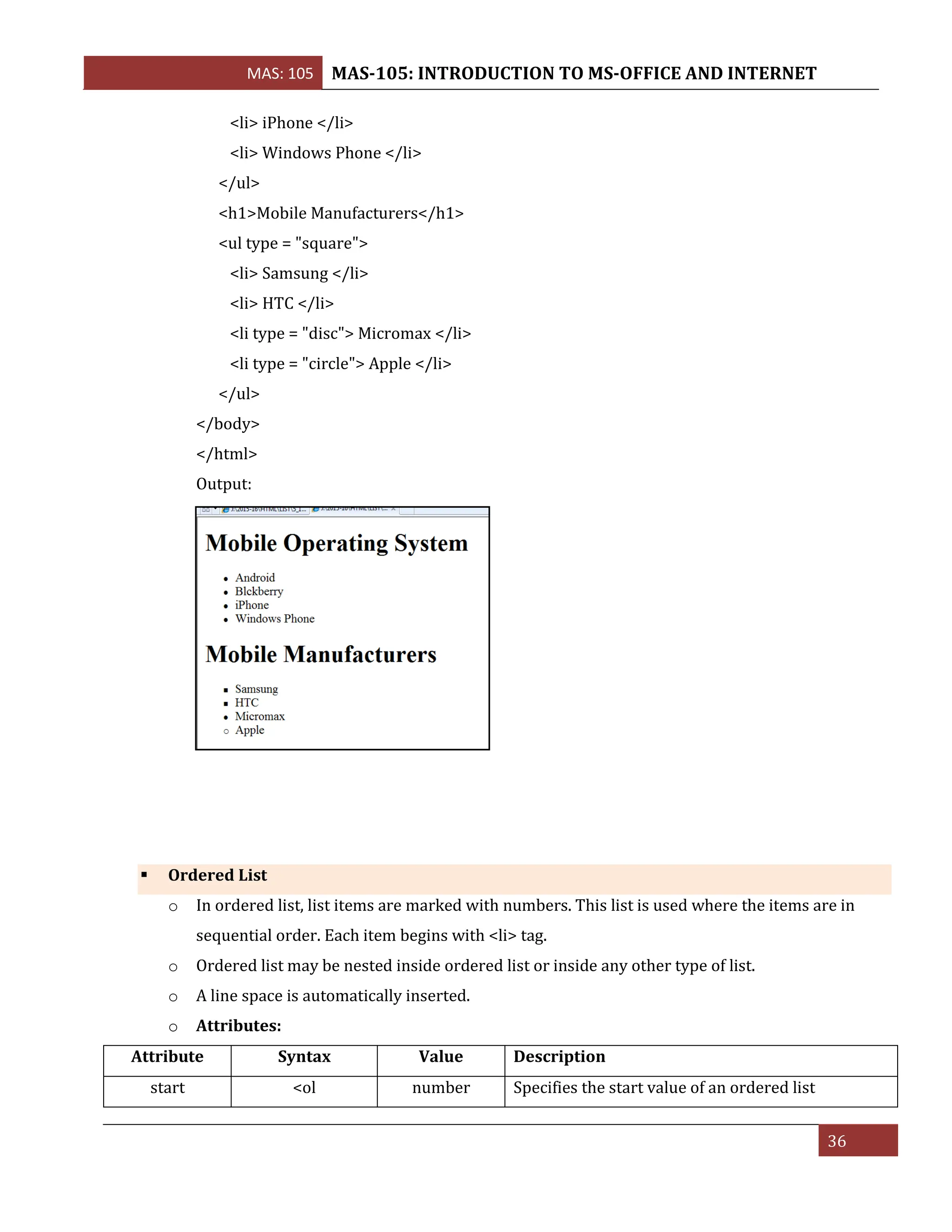 MAS: 105 MAS-105: INTRODUCTION TO MS-OFFICE AND INTERNET
36
<li> iPhone </li>
<li> Windows Phone </li>
</ul>
<h1>Mobile Manufacturers</h1>
<ul type = "square">
<li> Samsung </li>
<li> HTC </li>
<li type = "disc"> Micromax </li>
<li type = "circle"> Apple </li>
</ul>
</body>
</html>
Output:
▪ Ordered List
o In ordered list, list items are marked with numbers. This list is used where the items are in
sequential order. Each item begins with <li> tag.
o Ordered list may be nested inside ordered list or inside any other type of list.
o A line space is automatically inserted.
o Attributes:
Attribute Syntax Value Description
start <ol number Specifies the start value of an ordered list
 