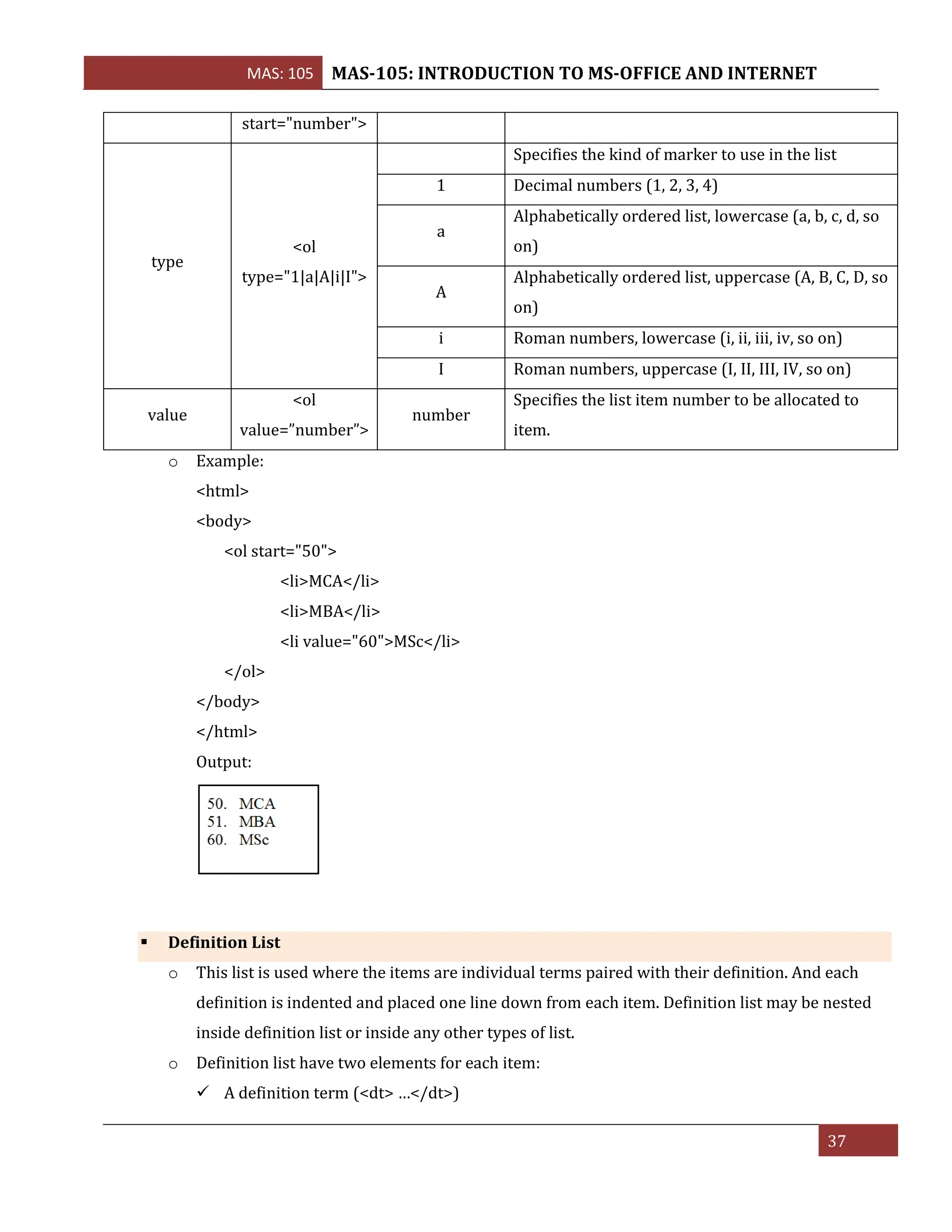 MAS: 105 MAS-105: INTRODUCTION TO MS-OFFICE AND INTERNET
37
start="number">
type
<ol
type="1|a|A|i|I">
Specifies the kind of marker to use in the list
1 Decimal numbers (1, 2, 3, 4)
a
Alphabetically ordered list, lowercase (a, b, c, d, so
on)
A
Alphabetically ordered list, uppercase (A, B, C, D, so
on)
i Roman numbers, lowercase (i, ii, iii, iv, so on)
I Roman numbers, uppercase (I, II, III, IV, so on)
value
<ol
value=”number”>
number
Specifies the list item number to be allocated to
item.
o Example:
<html>
<body>
<ol start="50">
<li>MCA</li>
<li>MBA</li>
<li value="60">MSc</li>
</ol>
</body>
</html>
Output:
▪ Definition List
o This list is used where the items are individual terms paired with their definition. And each
definition is indented and placed one line down from each item. Definition list may be nested
inside definition list or inside any other types of list.
o Definition list have two elements for each item:
✓ A definition term (<dt> …</dt>)
 