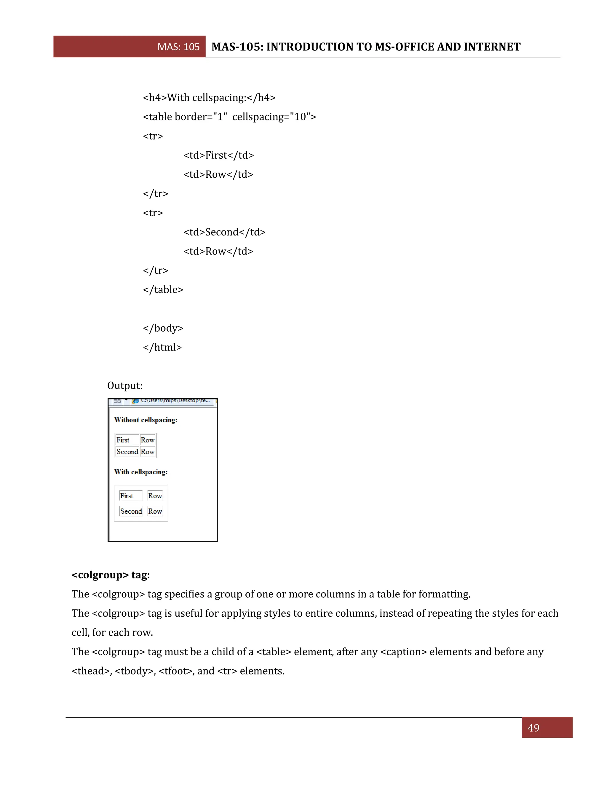MAS: 105 MAS-105: INTRODUCTION TO MS-OFFICE AND INTERNET
49
<h4>With cellspacing:</h4>
<table border="1" cellspacing="10">
<tr>
<td>First</td>
<td>Row</td>
</tr>
<tr>
<td>Second</td>
<td>Row</td>
</tr>
</table>
</body>
</html>
Output:
<colgroup> tag:
The <colgroup> tag specifies a group of one or more columns in a table for formatting.
The <colgroup> tag is useful for applying styles to entire columns, instead of repeating the styles for each
cell, for each row.
The <colgroup> tag must be a child of a <table> element, after any <caption> elements and before any
<thead>, <tbody>, <tfoot>, and <tr> elements.
 